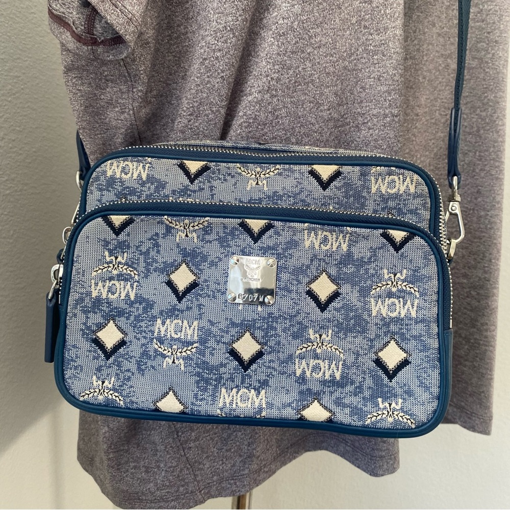 MCM VINTAGE JACQUARD MONOGRAM CANVAS & LEATHER CROSSBODY